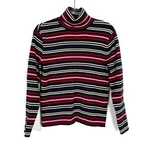 Talbots Vintage 100% Cotton Turtleneck Sweater Red Green Blue Stripe Womens L